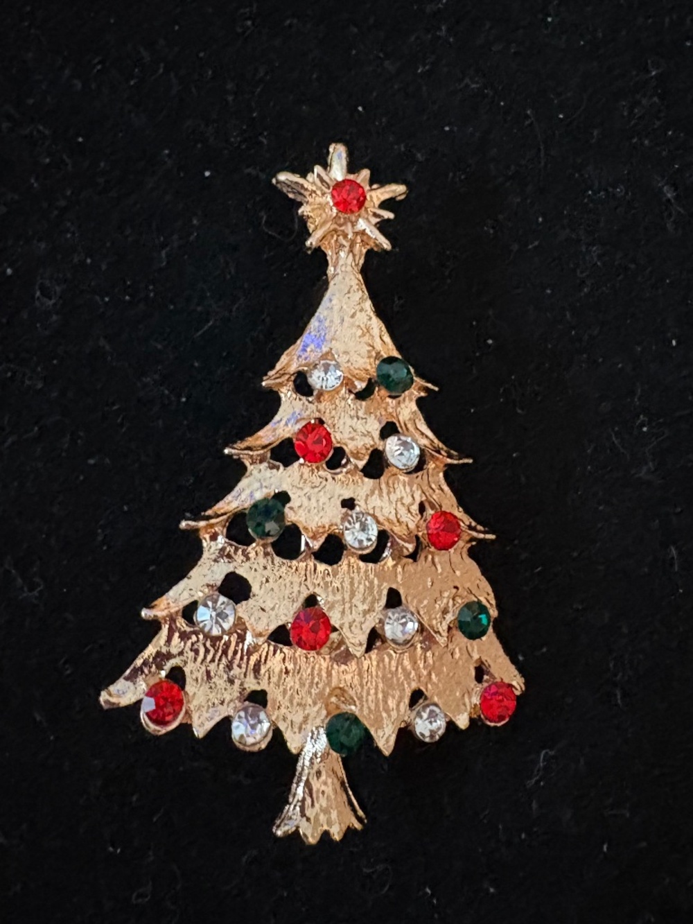 Gold Tone Christmas Tree Brooch Red Green Rhinestone Holiday Pin